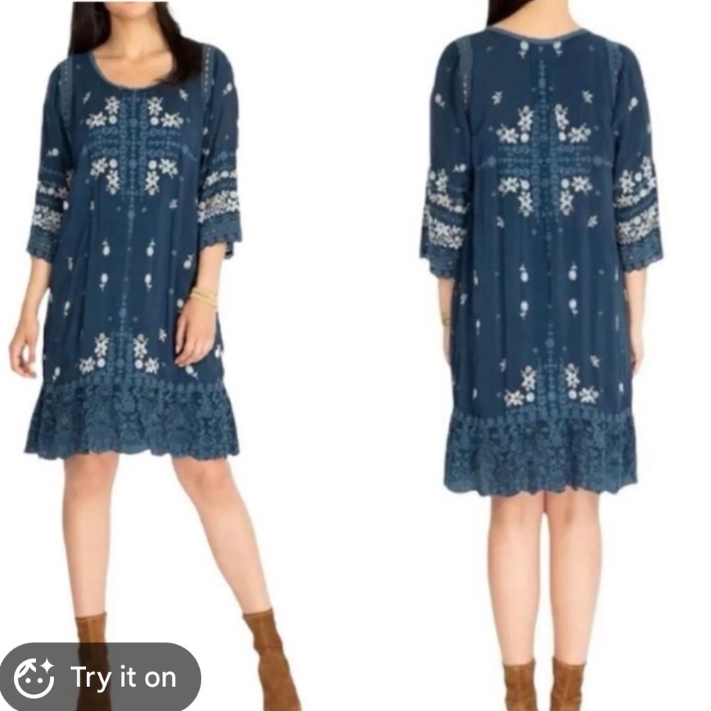 Johnny Was Navy Blue Embroidered Mini Dress